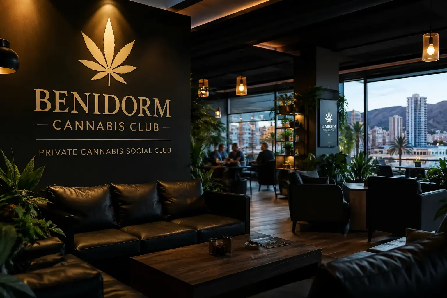 Interior of Benidorm Cannabis Club — warm ambient lighting, comfortable seating, and relaxed atmosphere